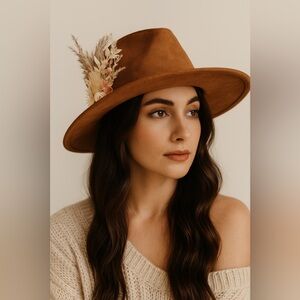 Women’s Wide-Brim Hat with Floral Accent Elegant Brown Boho